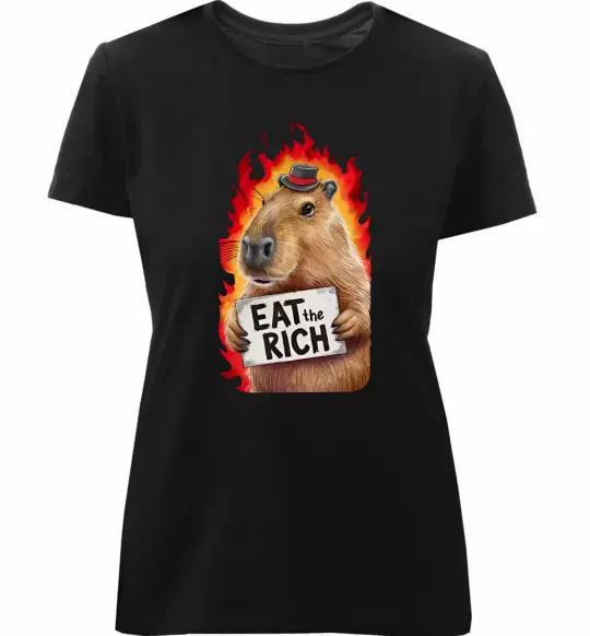Женская премиум футболка Capybara EAT the RICH Черный фото