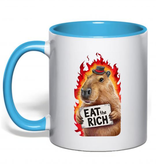 Чашка с цветной ручкой Capybara EAT the RICH Голубой фото