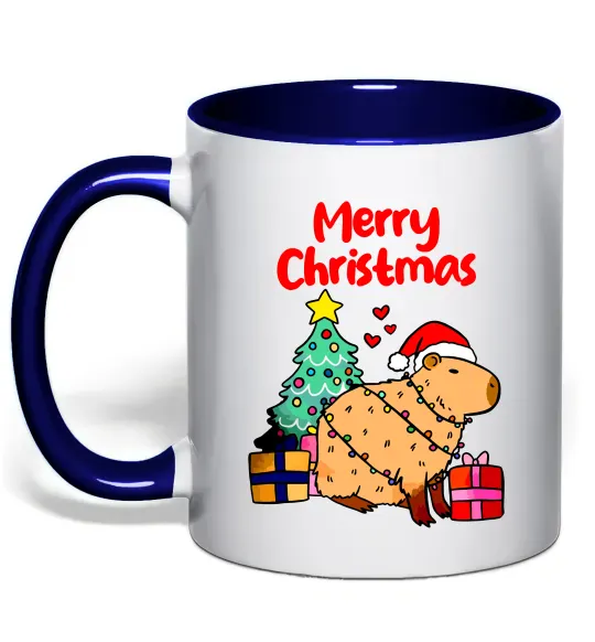 Чашка с цветной ручкой Merry Christmas Capybara Глубокий темно-синий фото