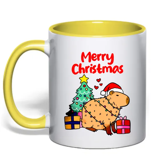 Чашка з кольоровою ручкою Merry Christmas Capybara Лимонний фото