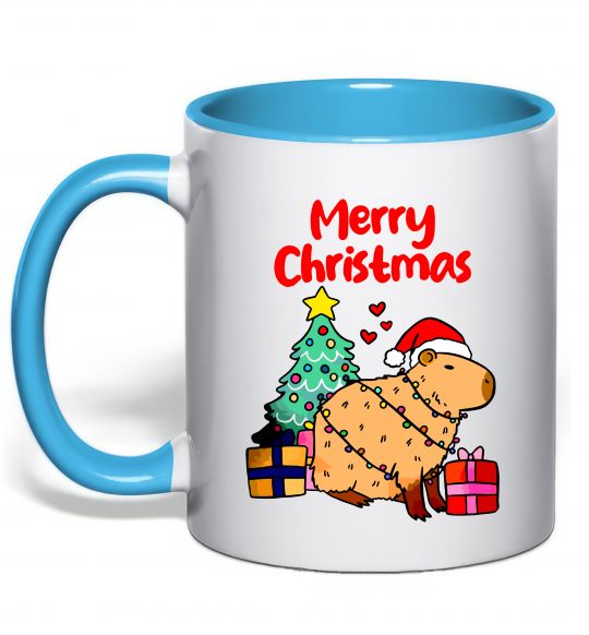 Чашка з кольоровою ручкою Merry Christmas Capybara Блакитний фото