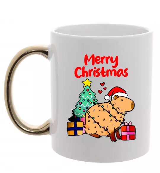 Чашка с цветной ручкой Merry Christmas Capybara Золото фото