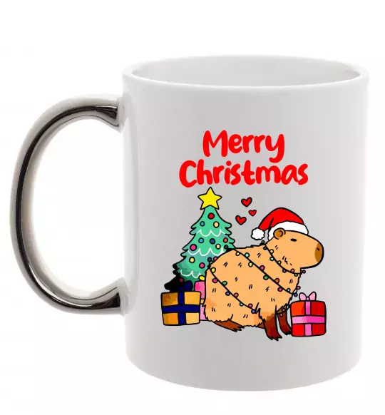 Чашка с цветной ручкой Merry Christmas Capybara Серебро фото