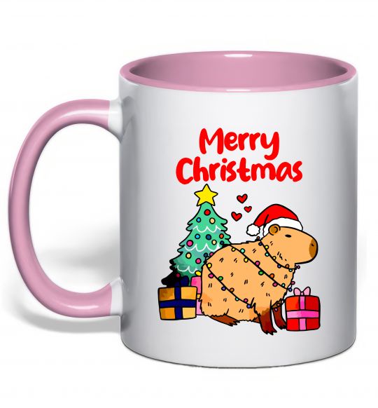 Чашка с цветной ручкой Merry Christmas Capybara Нежно розовый фото