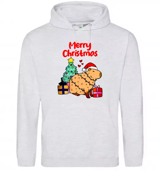 Женская толстовка (худи) Merry Christmas Capybara Серый меланж фото