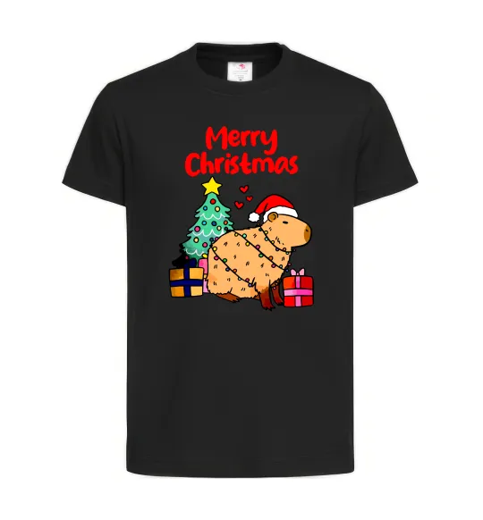 Детская футболка Merry Christmas Capybara Черный фото