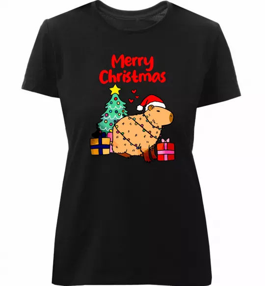 Женская премиум футболка Merry Christmas Capybara Черный фото