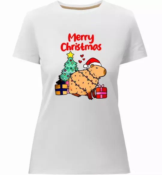 Женская премиум футболка Merry Christmas Capybara Белый фото