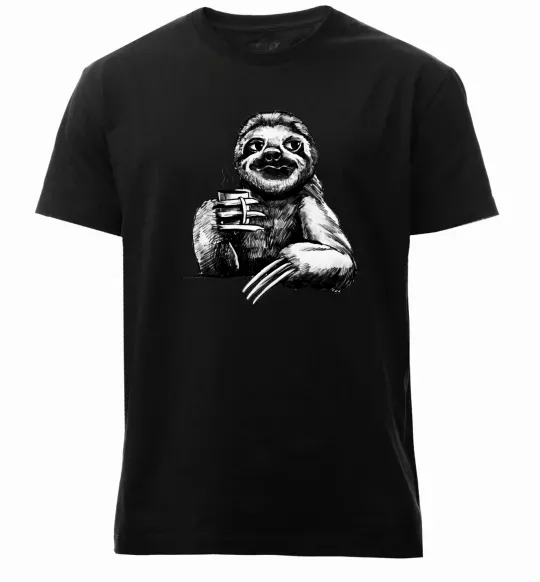 Мужская премиум футболка Лінивець з кавою Черный фото