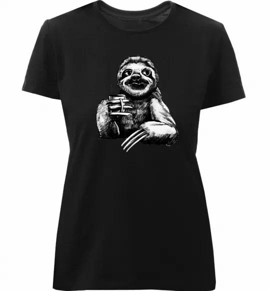 Женская премиум футболка Лінивець з кавою Черный фото