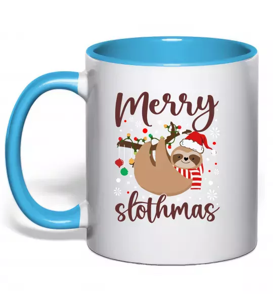 Чашка з кольоровою ручкою Merry slothmas Блакитний фото