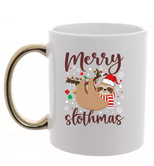 Чашка з кольоровою ручкою Merry slothmas Золото фото