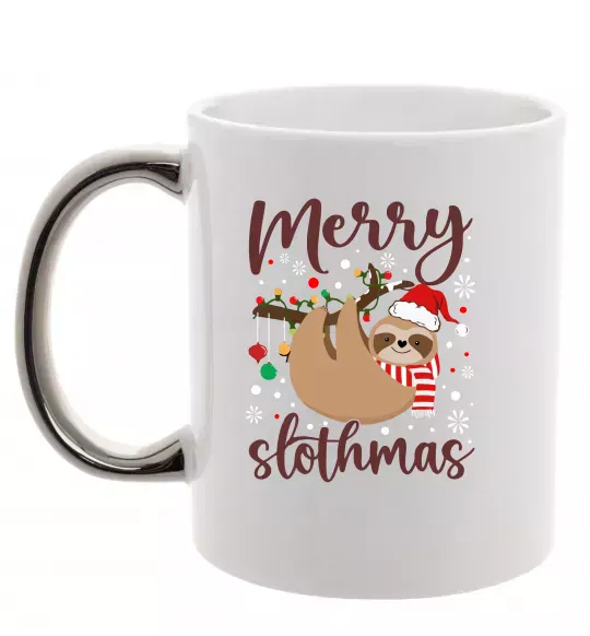 Чашка з кольоровою ручкою Merry slothmas Срібло фото