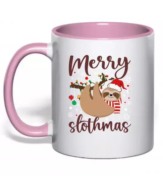 Чашка з кольоровою ручкою Merry slothmas Ніжно рожевий фото