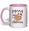 Чашка с цветной ручкой Merry slothmas Нежно розовый фото