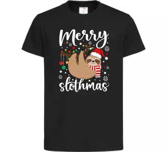 Дитяча футболка Merry slothmas Чорний фото