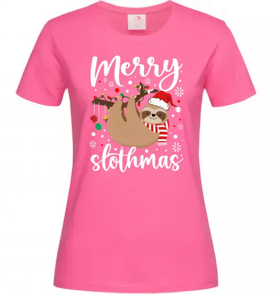 Женская футболка Merry slothmas Ярко-розовый фото