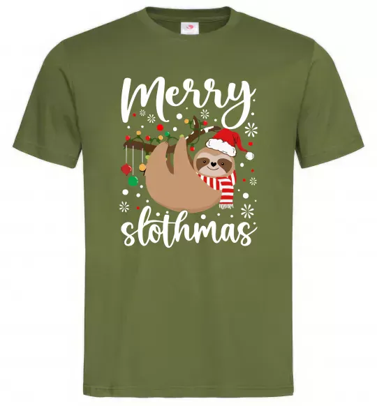 Мужская футболка Merry slothmas Оливковый фото