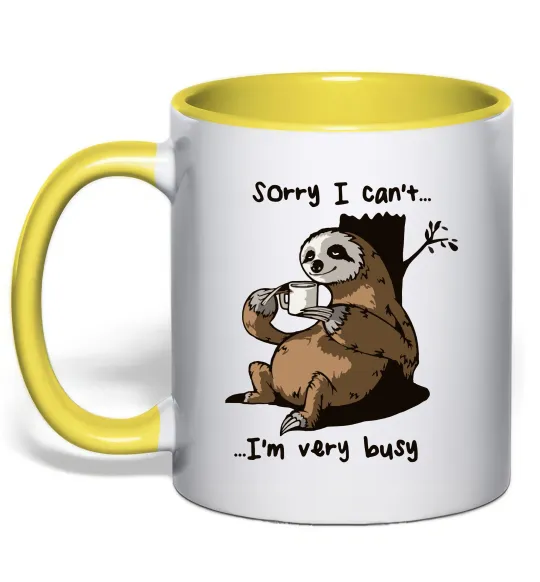 Чашка с цветной ручкой Sorry I can` I`m very busy Лимонный фото