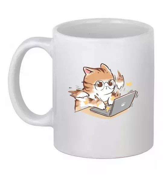 Чашка керамічна Котик з ноутбуком Білий фото