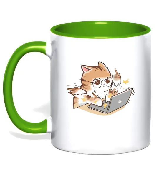 Чашка з кольоровою ручкою Котик з ноутбуком Лаймовий фото