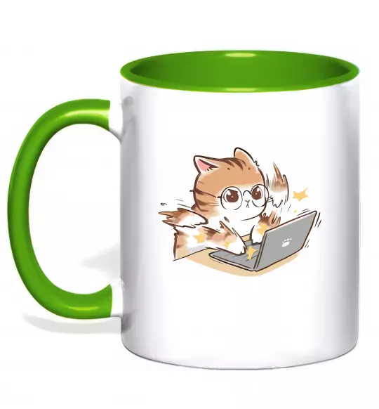 Чашка с цветной ручкой Котик з ноутбуком Зеленый фото