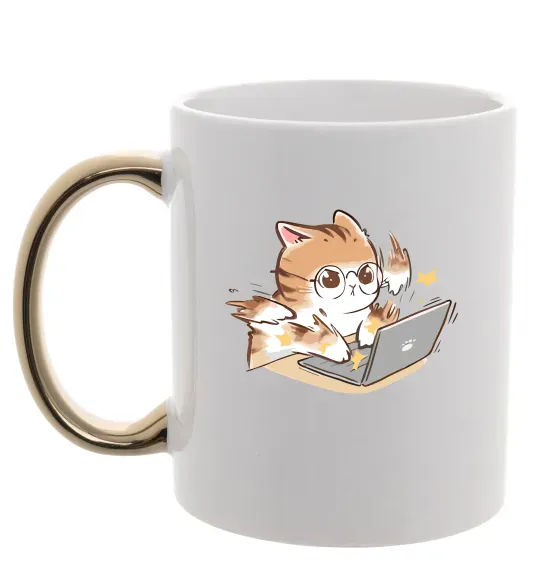 Чашка с цветной ручкой Котик з ноутбуком Золото фото