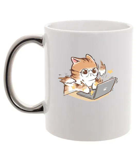 Чашка с цветной ручкой Котик з ноутбуком Серебро фото