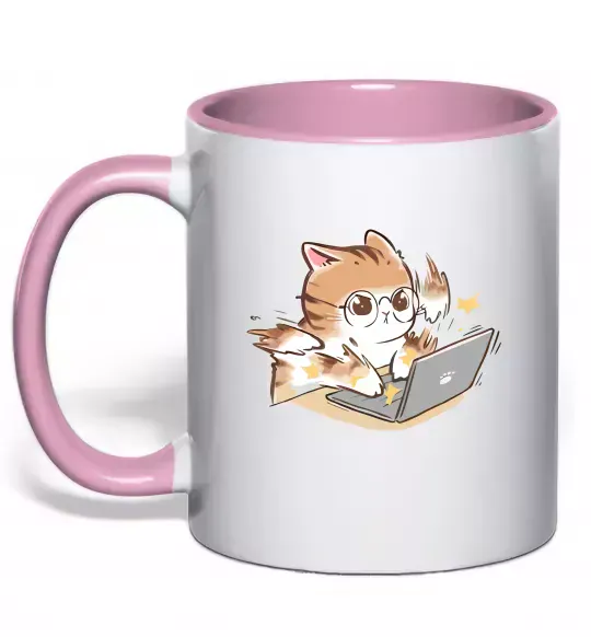 Чашка с цветной ручкой Котик з ноутбуком Нежно розовый фото