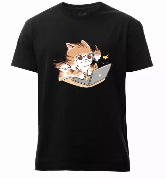 Чоловіча преміум футболка Котик з ноутбуком Чорний фото