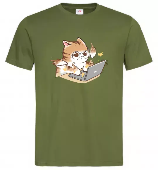 Чоловіча футболка Котик з ноутбуком Оливковий фото
