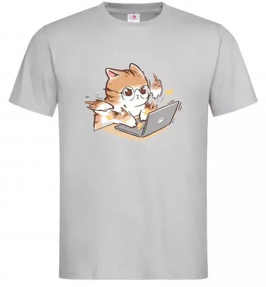 Чоловіча футболка Котик з ноутбуком Сірий фото