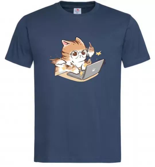 Чоловіча футболка Котик з ноутбуком Темно-синій фото