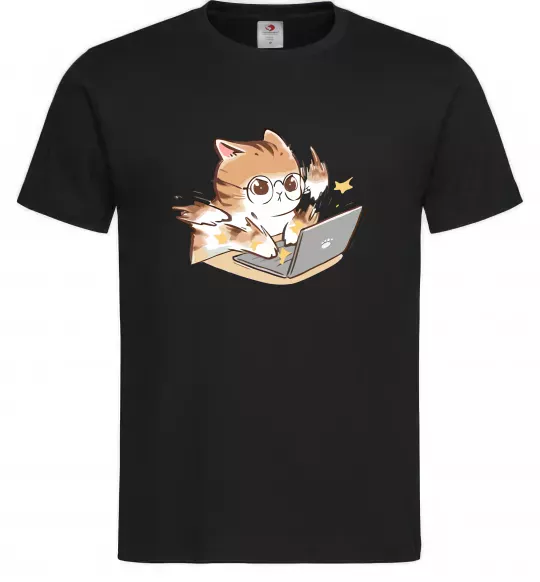 Чоловіча футболка Котик з ноутбуком Чорний фото