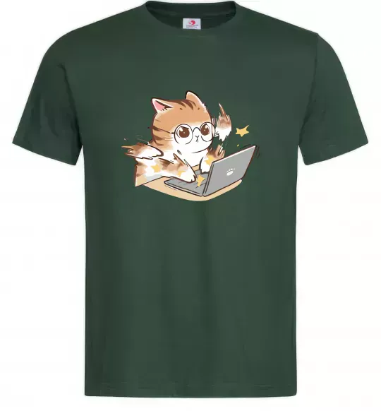 Чоловіча футболка Котик з ноутбуком Темно-зелений фото
