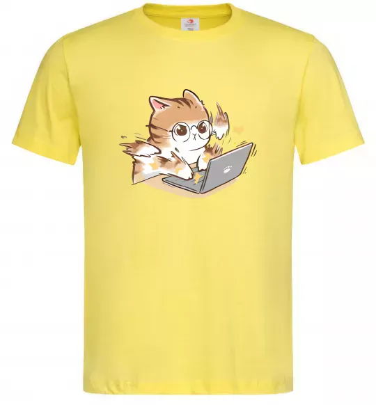 Чоловіча футболка Котик з ноутбуком Лимонний фото