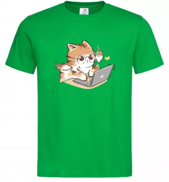Чоловіча футболка Котик з ноутбуком Зелений фото
