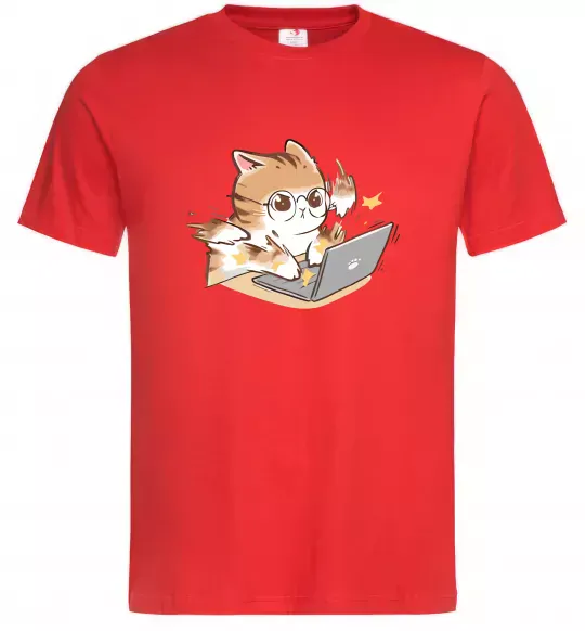 Чоловіча футболка Котик з ноутбуком Червоний фото