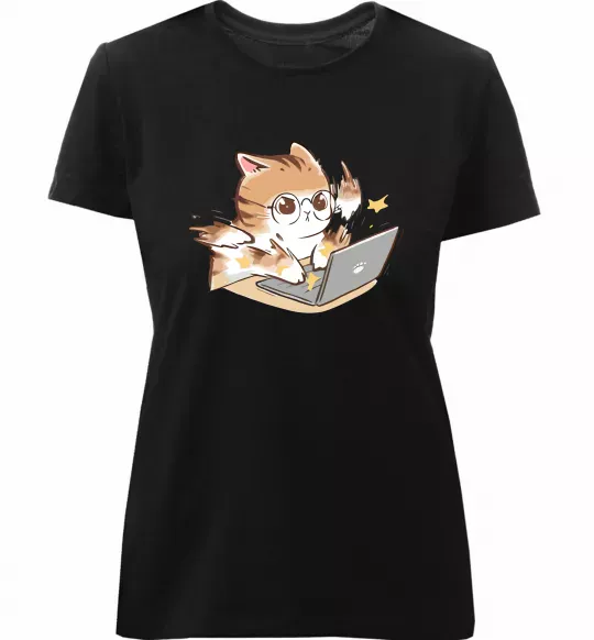 Женская премиум футболка Котик з ноутбуком Черный фото