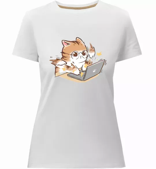 Женская премиум футболка Котик з ноутбуком Белый фото