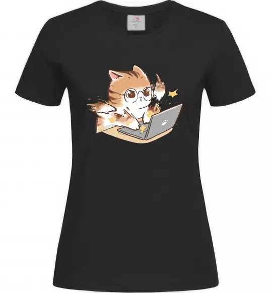Жіноча футболка Котик з ноутбуком Чорний фото