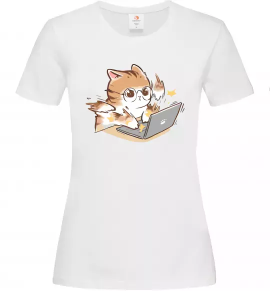 Жіноча футболка Котик з ноутбуком Білий фото