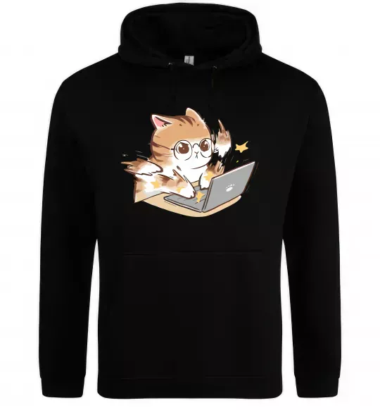 Мужская толстовка (худи) Котик з ноутбуком Черный фото