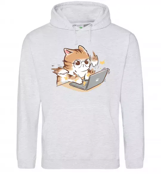 Женская толстовка (худи) Котик з ноутбуком Серый меланж фото