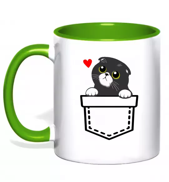 Чашка з кольоровою ручкою Висловухий кіт в кишені Зелений фото