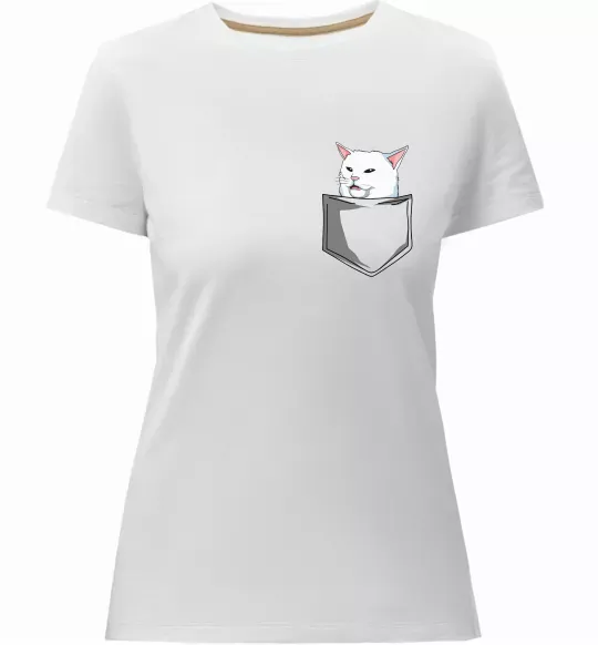 Жіноча преміум футболка Кіт-мем у кишені Білий фото