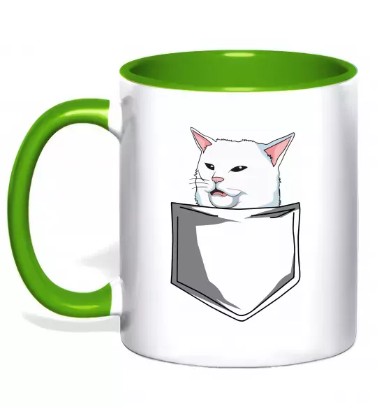 Чашка с цветной ручкой Кіт-мем у кишені Зеленый фото