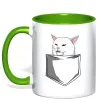 Чашка с цветной ручкой Кіт-мем у кишені Зеленый фото