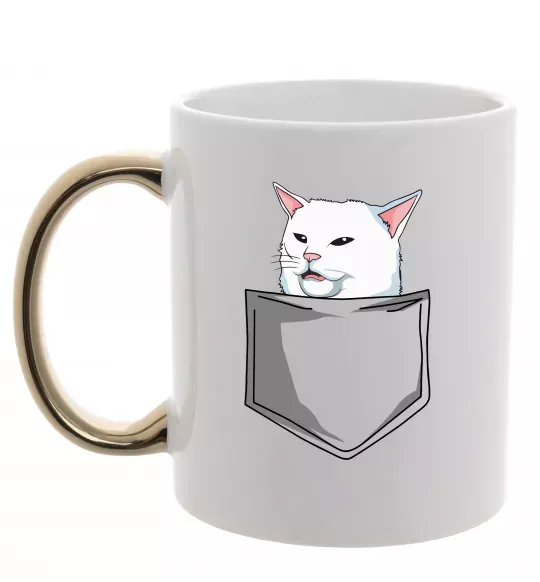 Чашка с цветной ручкой Кіт-мем у кишені Золото фото