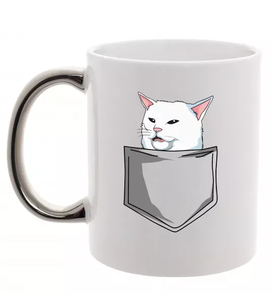 Чашка с цветной ручкой Кіт-мем у кишені Серебро фото